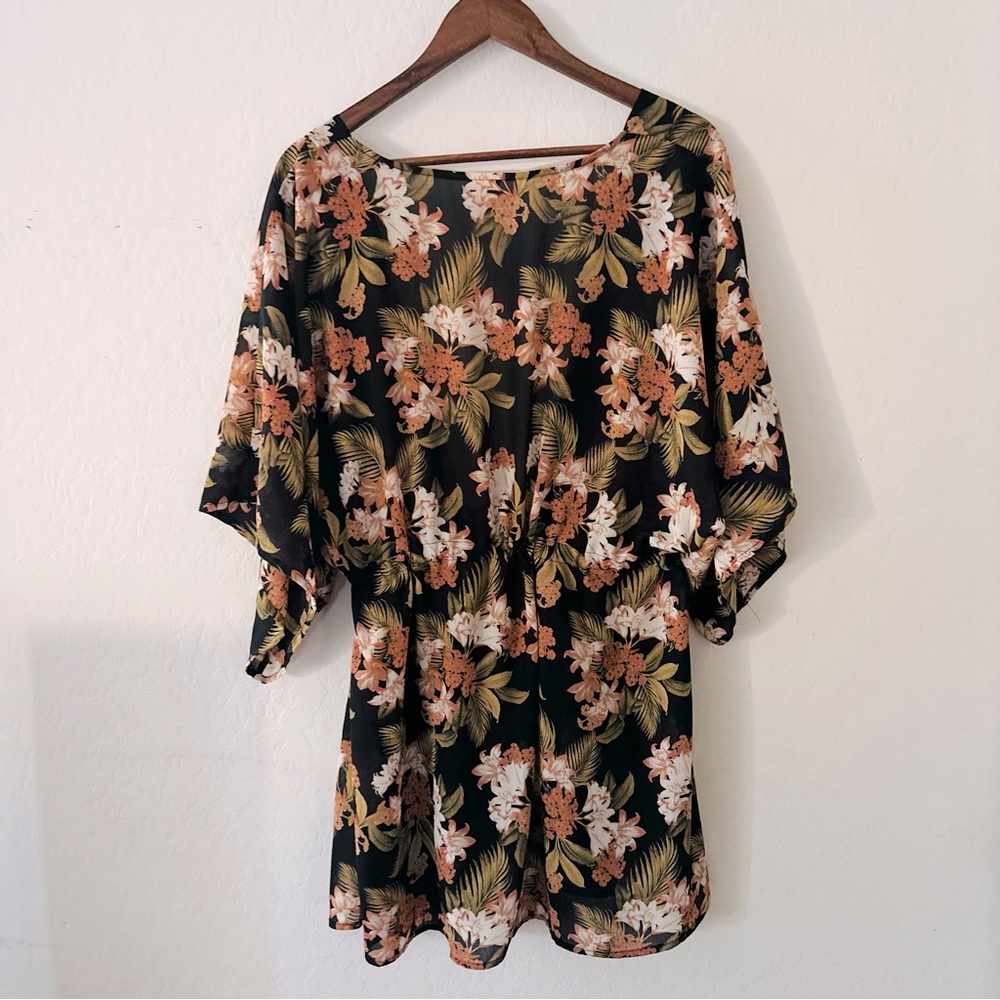 Black‎ Pink Floral Kimono Style Swim Cover Up L/XL - Picture 4 of 4
